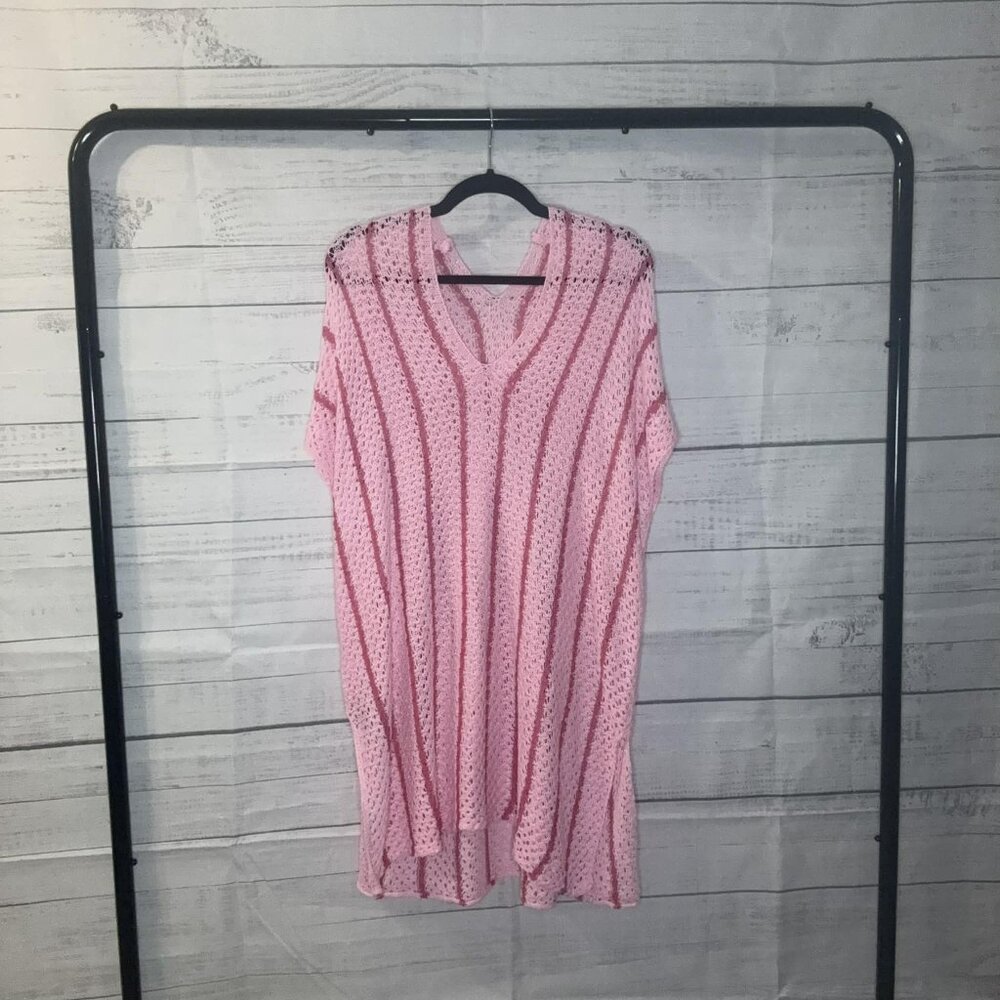 NWOT Pink Striped Crochet Loose Fit V Neck Beach Cover Up - Picture 6 of 7